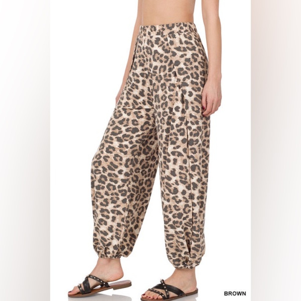 NEW! Zenana Hippie Harem Leopard Split Side Pants - Picture 3 of 16